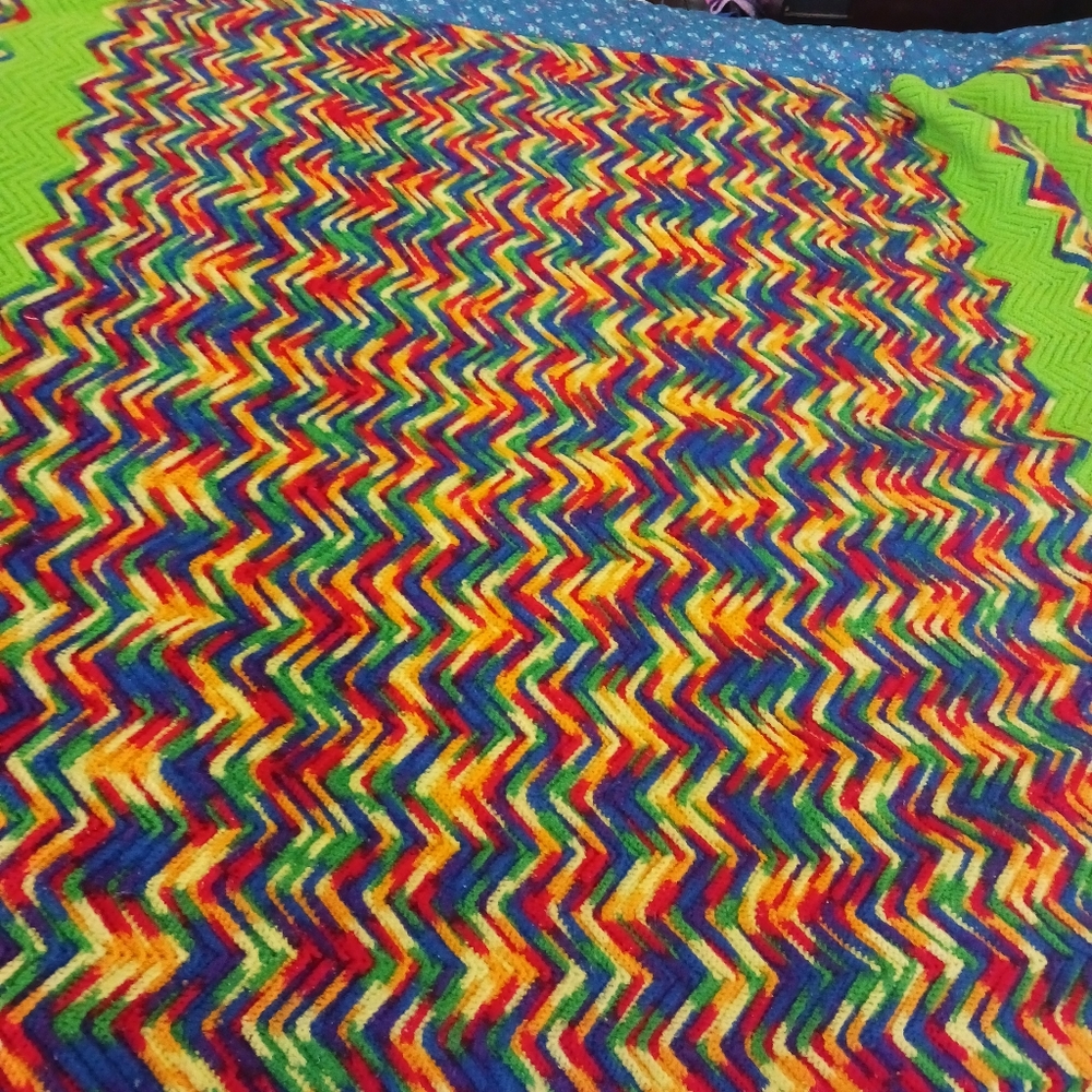 Rainbow Knit Blanket Throw 53x72 Handmade Chevron